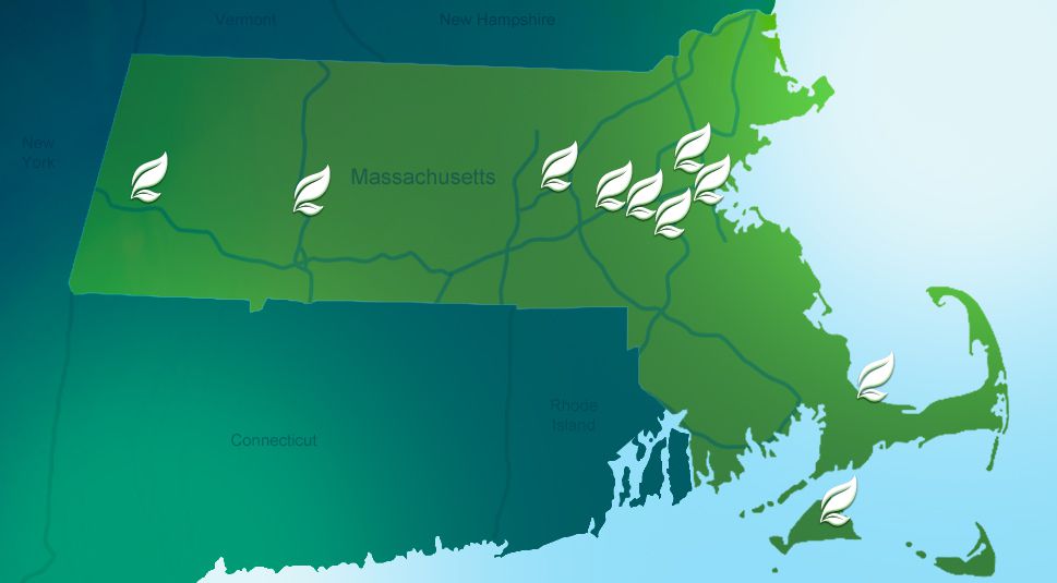 Map of Botanic Gardens in Massachusetts A map of Massachusetts highlighting the locations of various prominent botanic gardens across the state.